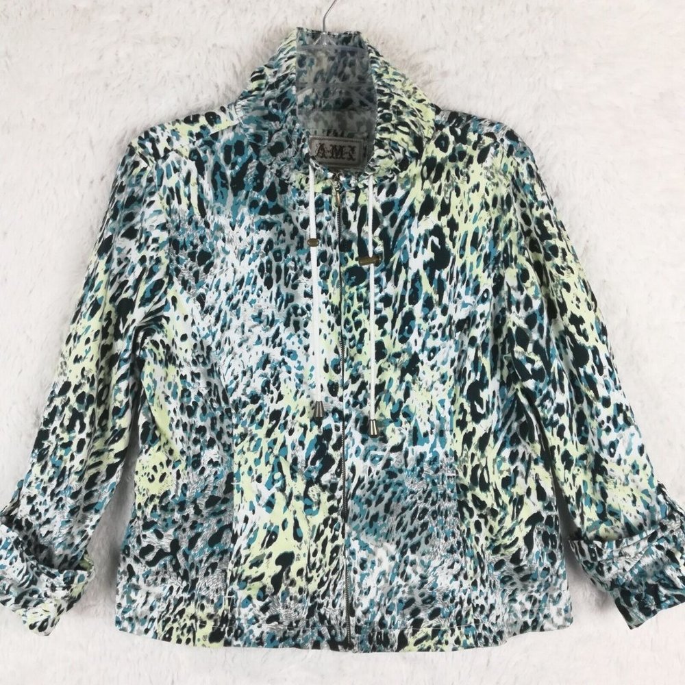 AMI Womens Jacket Lightweight Cheetah Print Blue Full Zip Pockets Mock Neck L